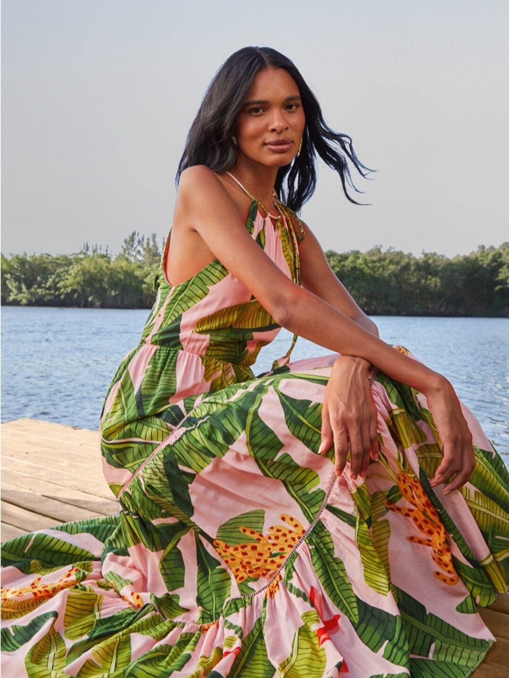 FARM Rio Tropical Pink Maxi Dress with Green Leaf Print Size Medium - Picture 15 of 16